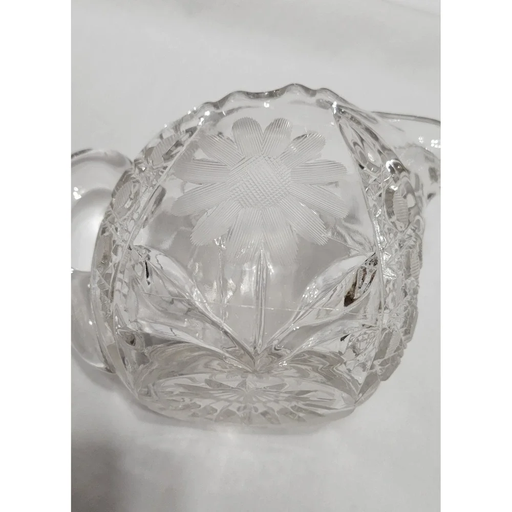 Clear Pressed Glass Floral Pattern Creamer with Handle, Decorative Round